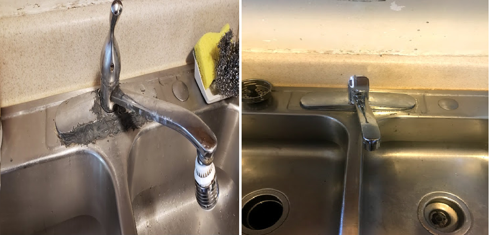 Before and after photos of a kitchen faucet cleaning, the faucet and surrounding area are stainless steel.