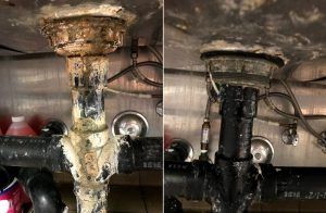 Before and after of a kitchen sink drain pipe cleaned of buildup.