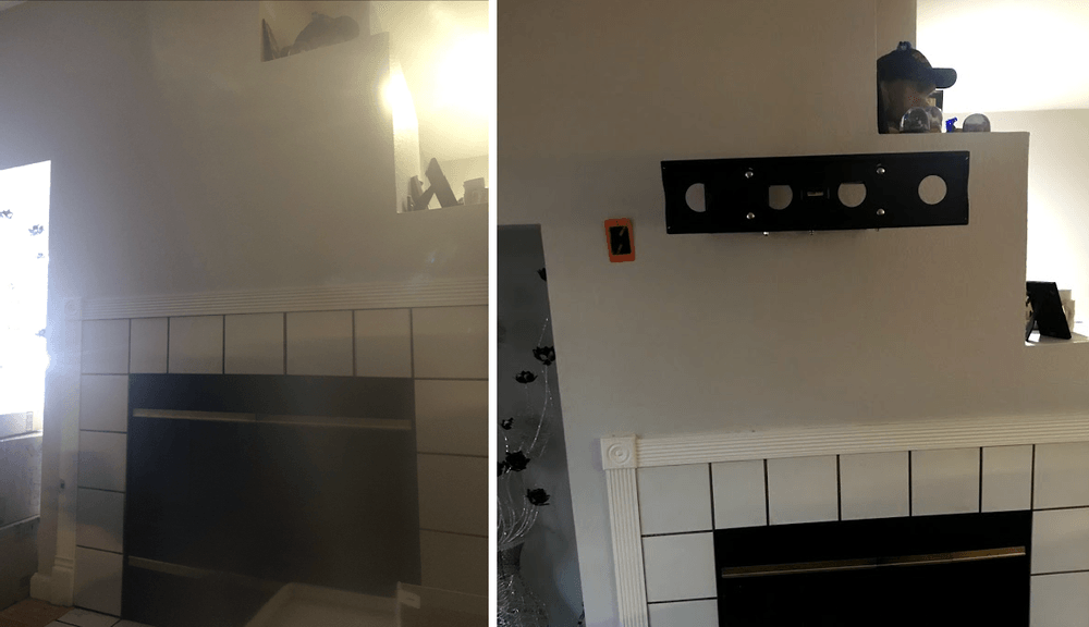 Two-panel view of a fireplace before and after. White tiled facade, black insert, and a mounted TV bracket above.