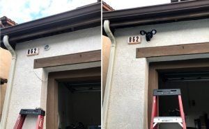 Two images show a house with garage. The left side has a hole; the right has a black device. A ladder is present.