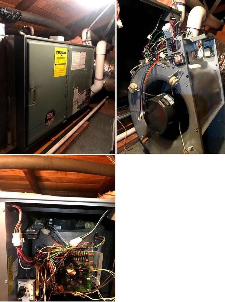 HVAC unit in an attic. Includes exterior, open fan, and interior with wiring.