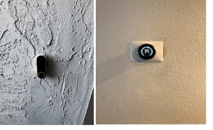 Left: small black device on textured grey wall. Right: smart thermostat on beige wall, displaying 71 degrees.