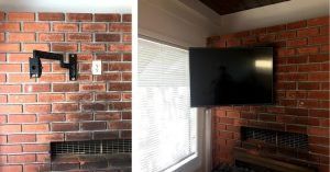 A TV mounted on a red brick wall. Left shows mount, right shows TV in place.