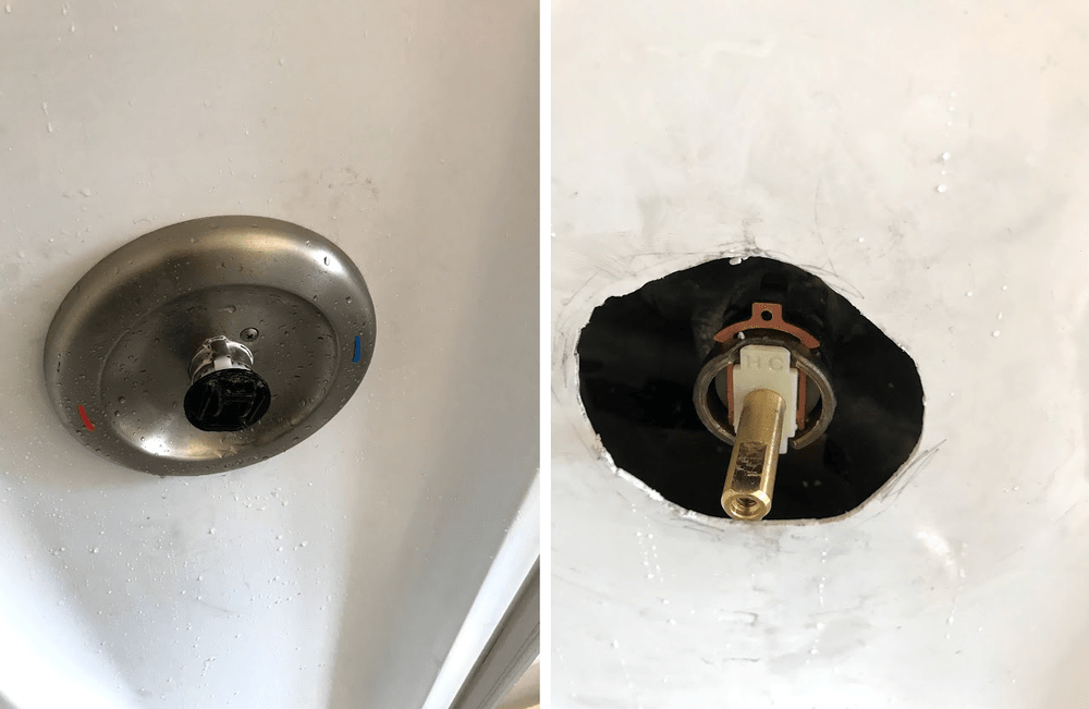 Two photos: a showerhead and the exposed valve it connects to in a white shower.