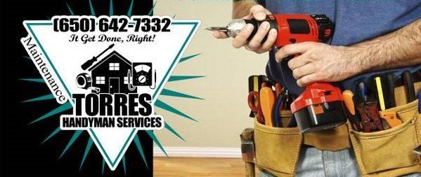 Handyman with a drill and tool belt; logo with phone number and