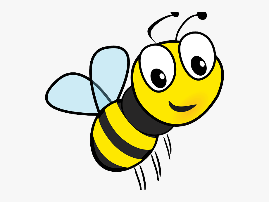 A cartoon bee with big eyes is flying in the air.
