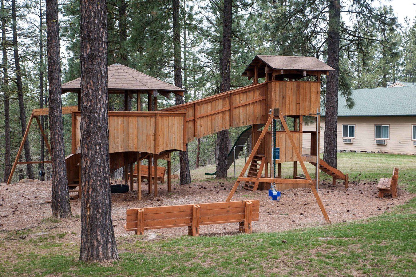 A wooden playground in the middle of a forest