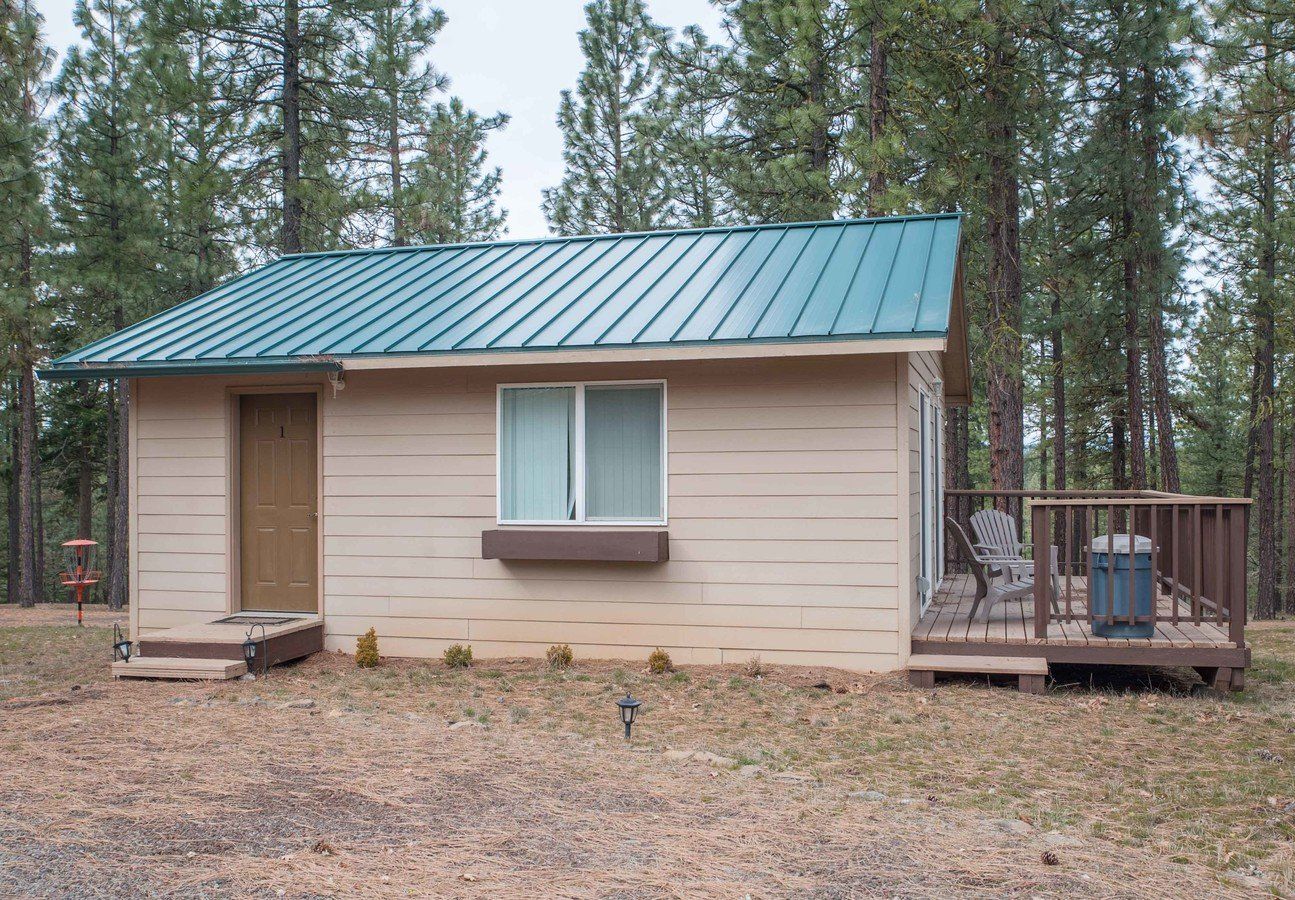 A small house with a green roof in the middle of a forest.