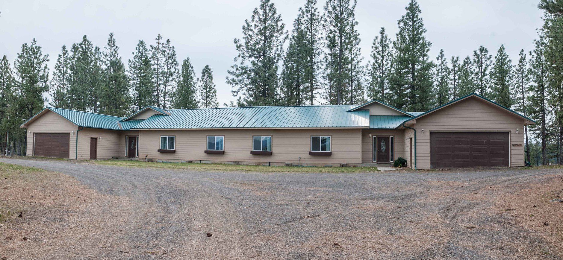 A house with a blue roof is surrounded by trees
