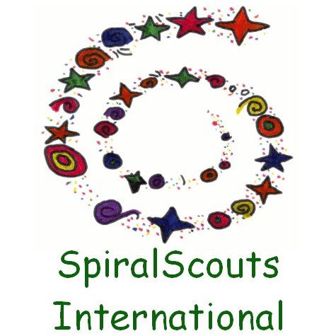 A logo for spiral scouts international with a spiral and stars