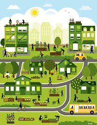 A cartoon illustration of a green city with lots of people and buildings.