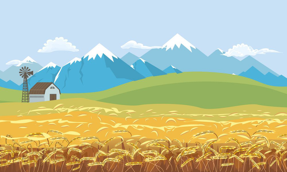 A wheat field with mountains in the background and a windmill in the foreground.
