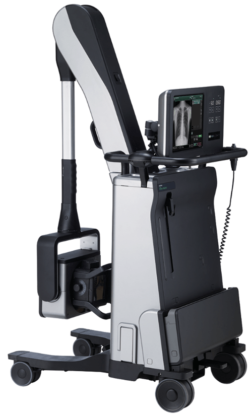 Mobile X-ray machine, silver and black, displaying an x-ray on a screen. It has wheels and a moveable arm for positioning.