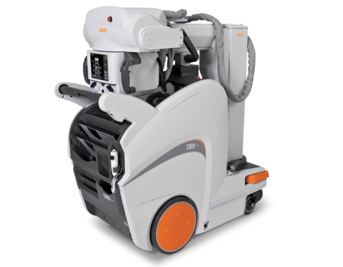 Mobile digital X-ray machine. White and gray, with orange accents. Features a digital display and articulated arm.