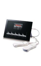 Medical device: a black ultrasound screen displaying a waveform and images, connected to two white probes.