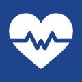 White heart with blue pulse line on a blue background, representing healthcare or vitality.