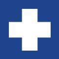 White cross on a blue background.