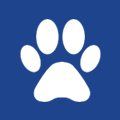 White paw print on a blue square background.