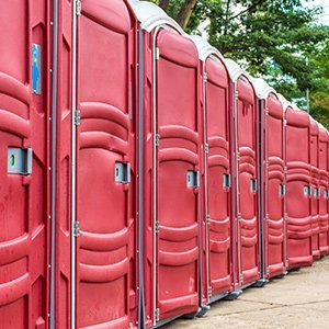 Row of red portable toilet stalls lined up outdoors beside trees