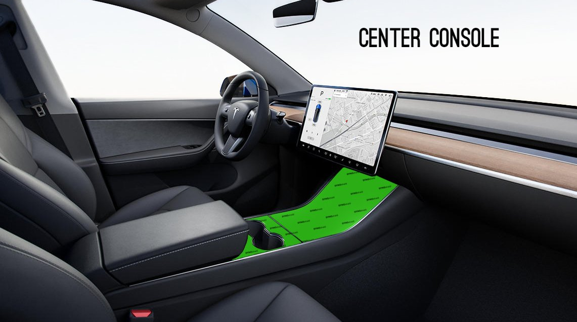 A picture of the center console of a tesla model y