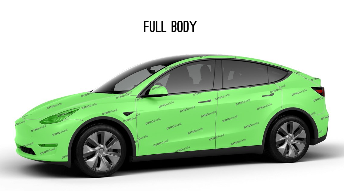 A green tesla model y is wrapped in plastic.