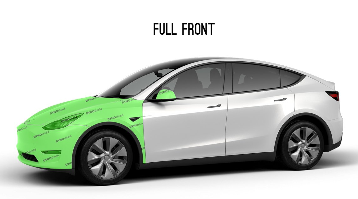A tesla model y is shown in full front view.