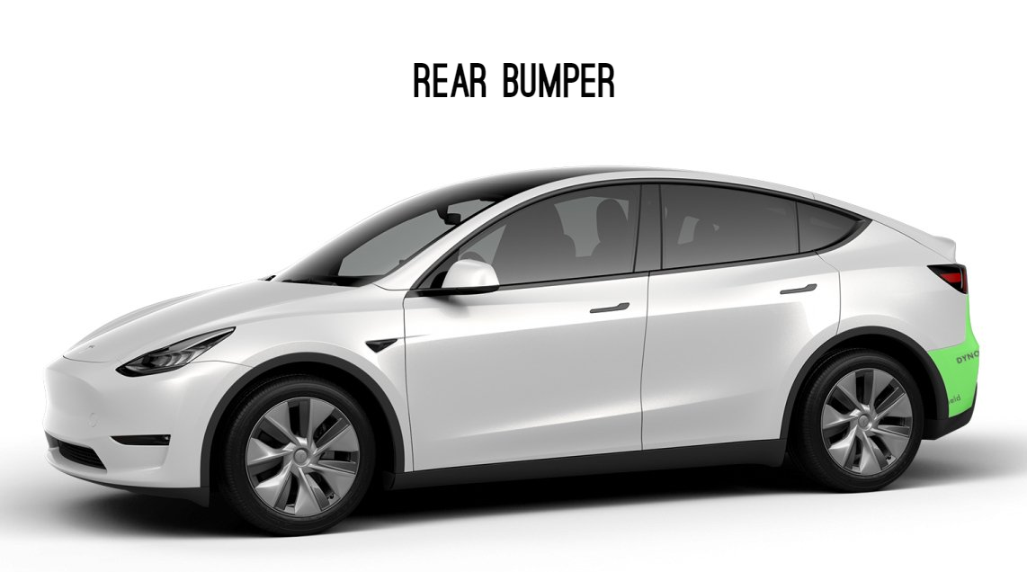 A white tesla model y with a rear bumper on a white background.