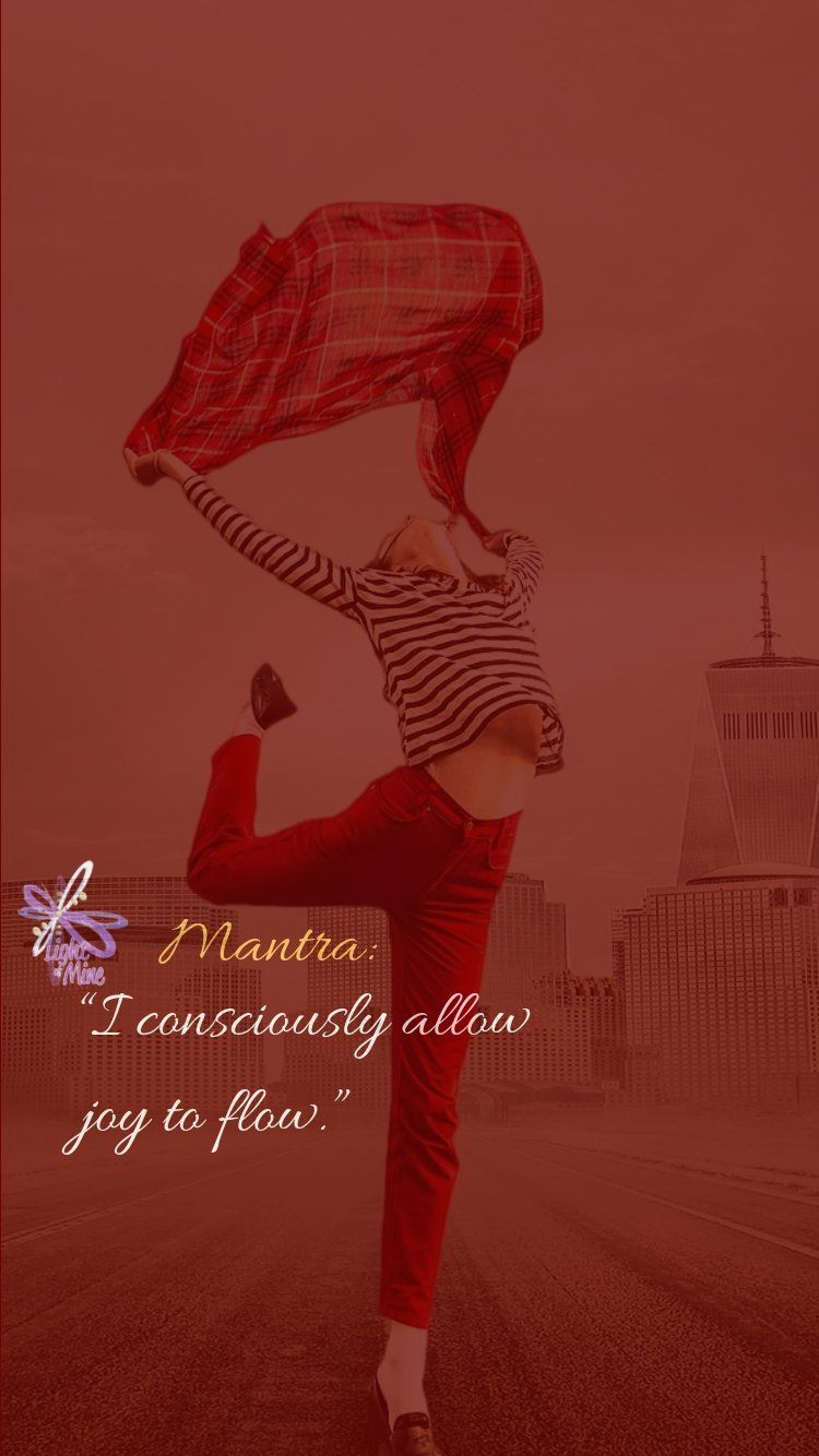 A woman jumping for joy and text of a mantra to remember to consciously allow joy in your life