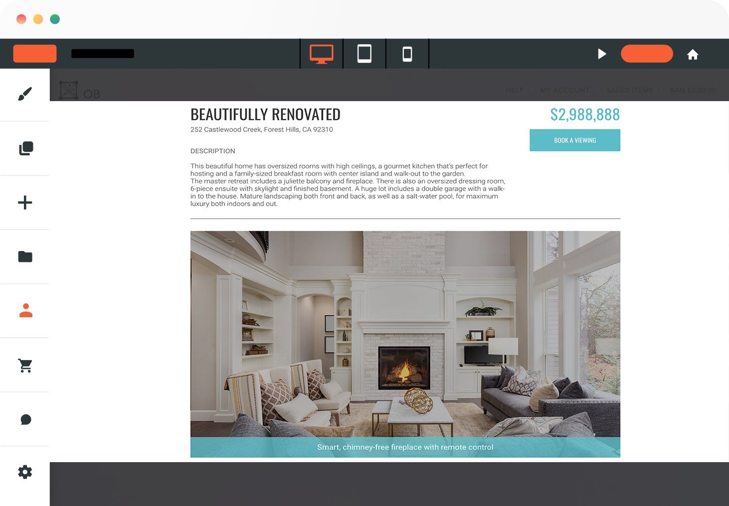 A computer screen shows a living room with a fireplace.