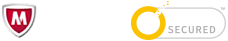 A red shield with the letter m on it next to a yellow circle that says secured.