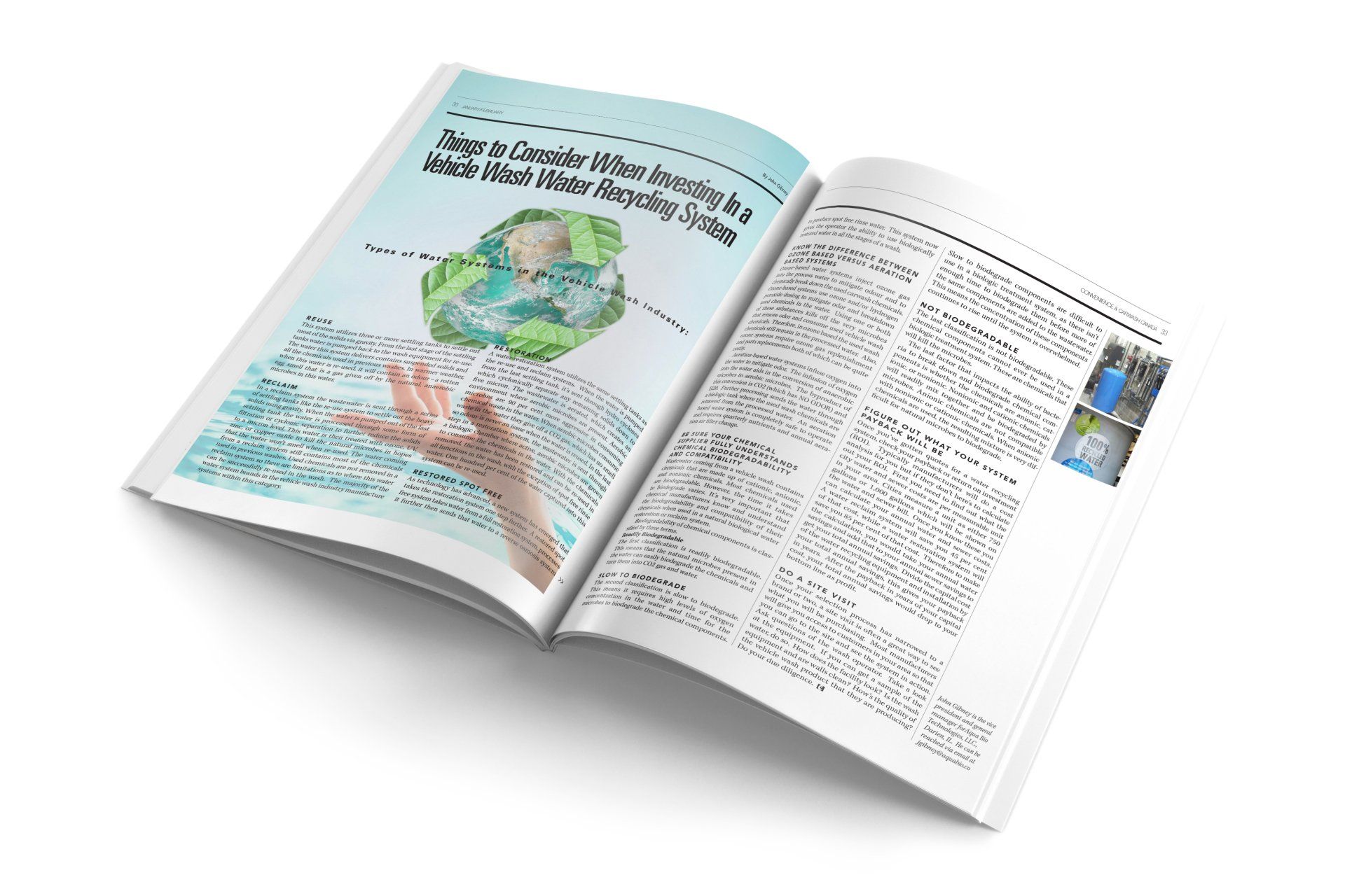 Open magazine pages; one features an illustration of a hand cradling the Earth. Text and images fill the other page.