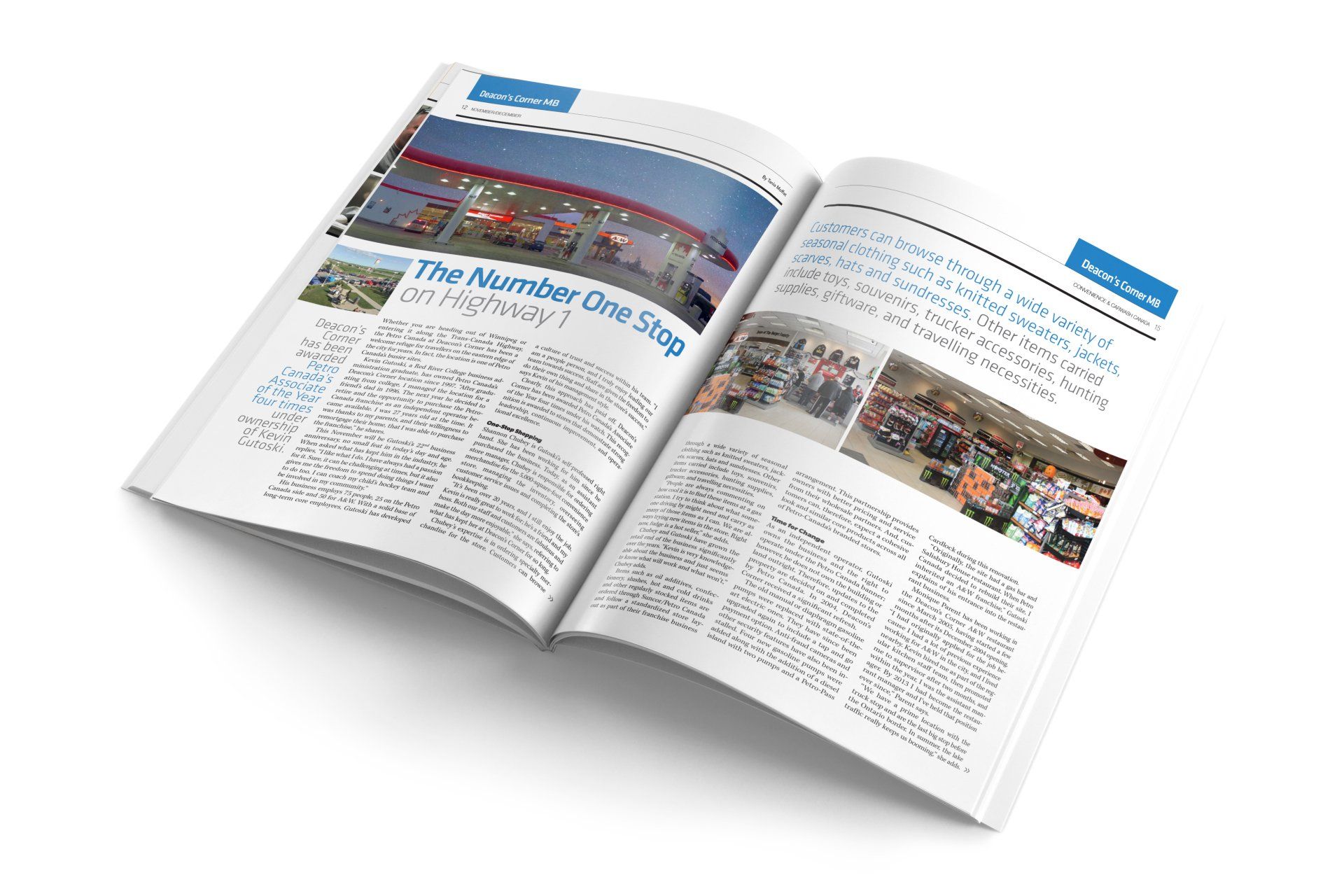Spread of a magazine, articles about a roadside stop, with photos and text.