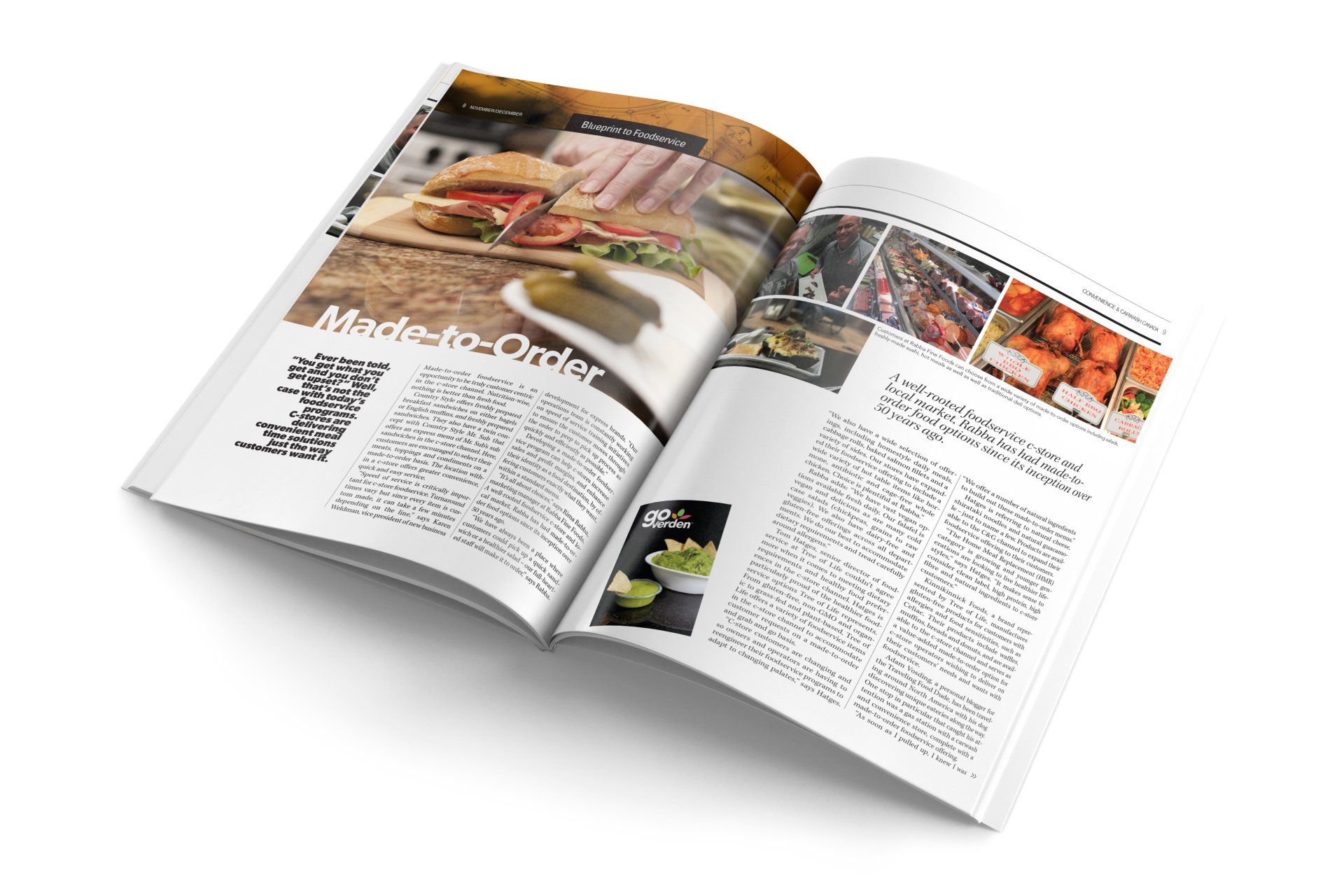 Open magazine with food photography and text.