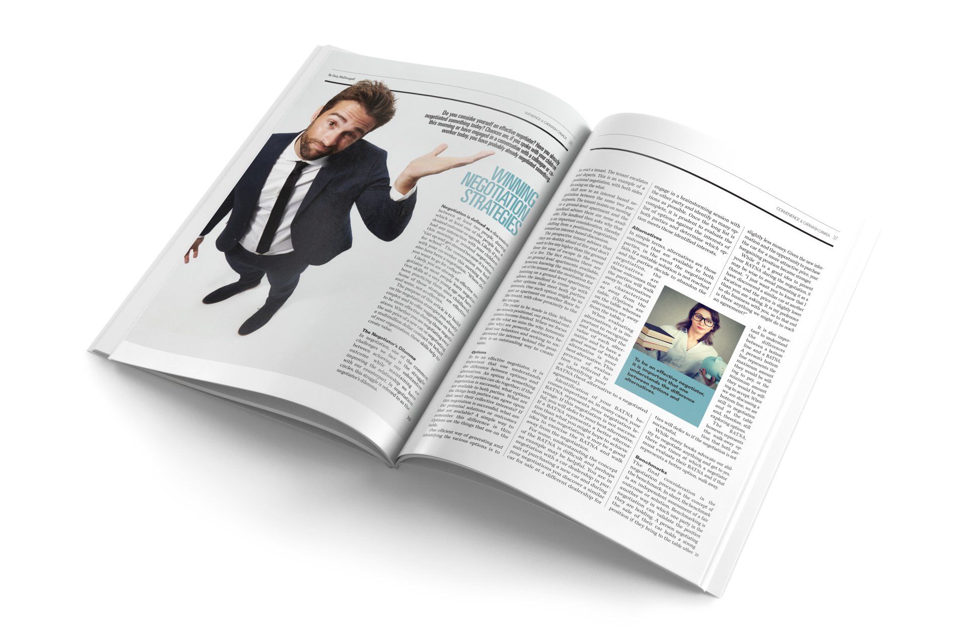 Open magazine with a suited man looking up, arm outstretched. Woman with blue accent appears in article.