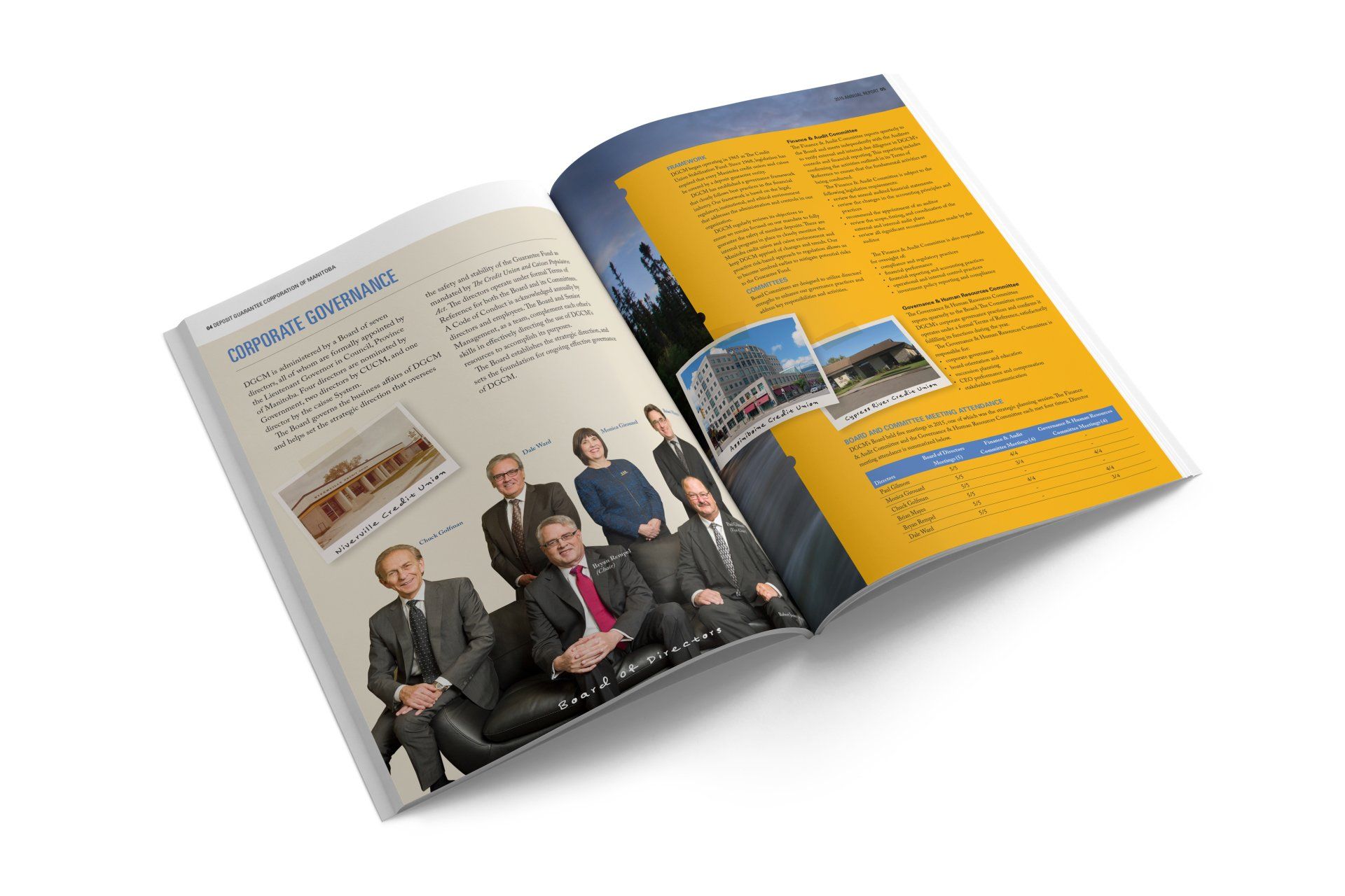 Open magazine spread with business leaders, text, and images of buildings.