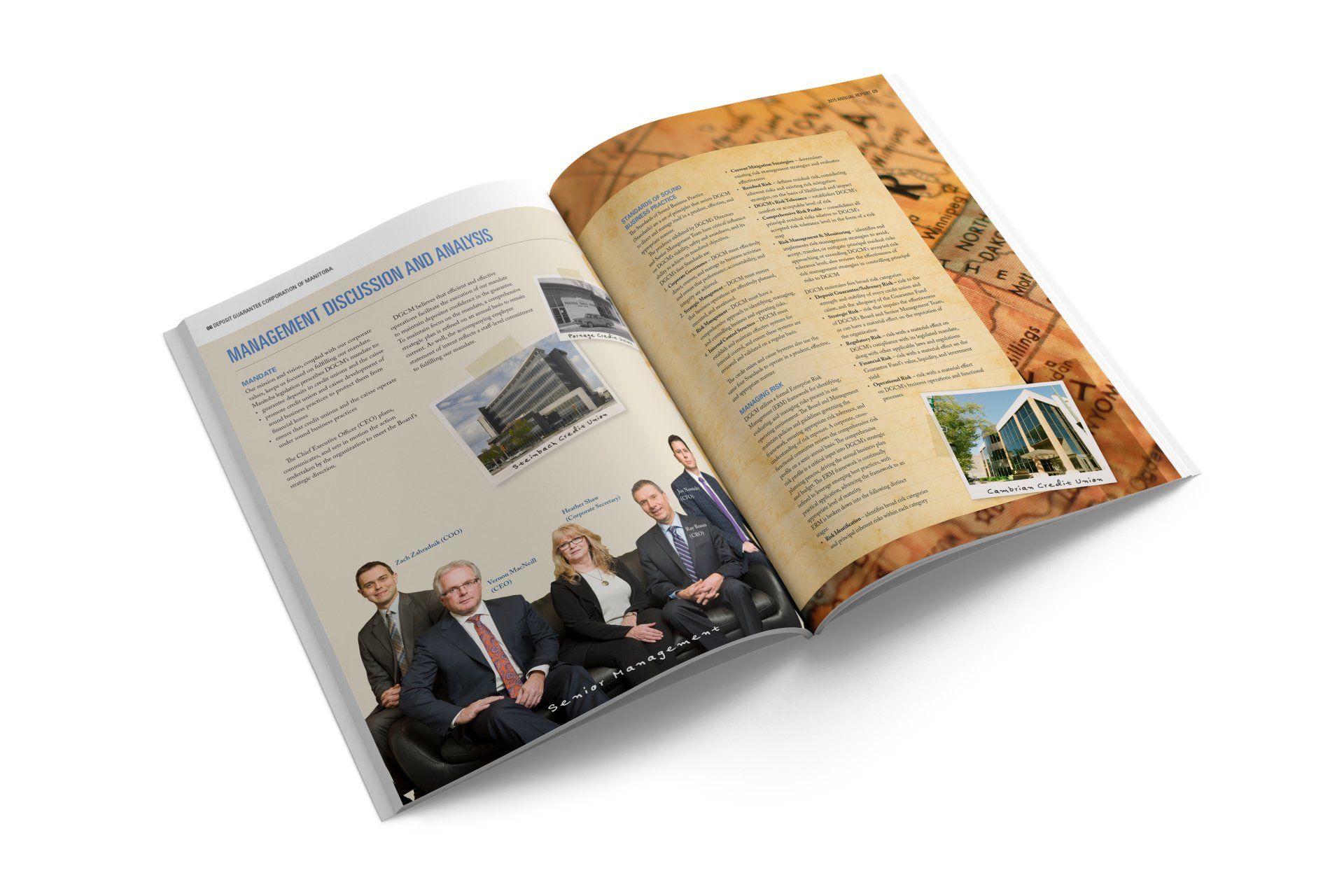 Open brochure, two pages showing photos, text, and people.