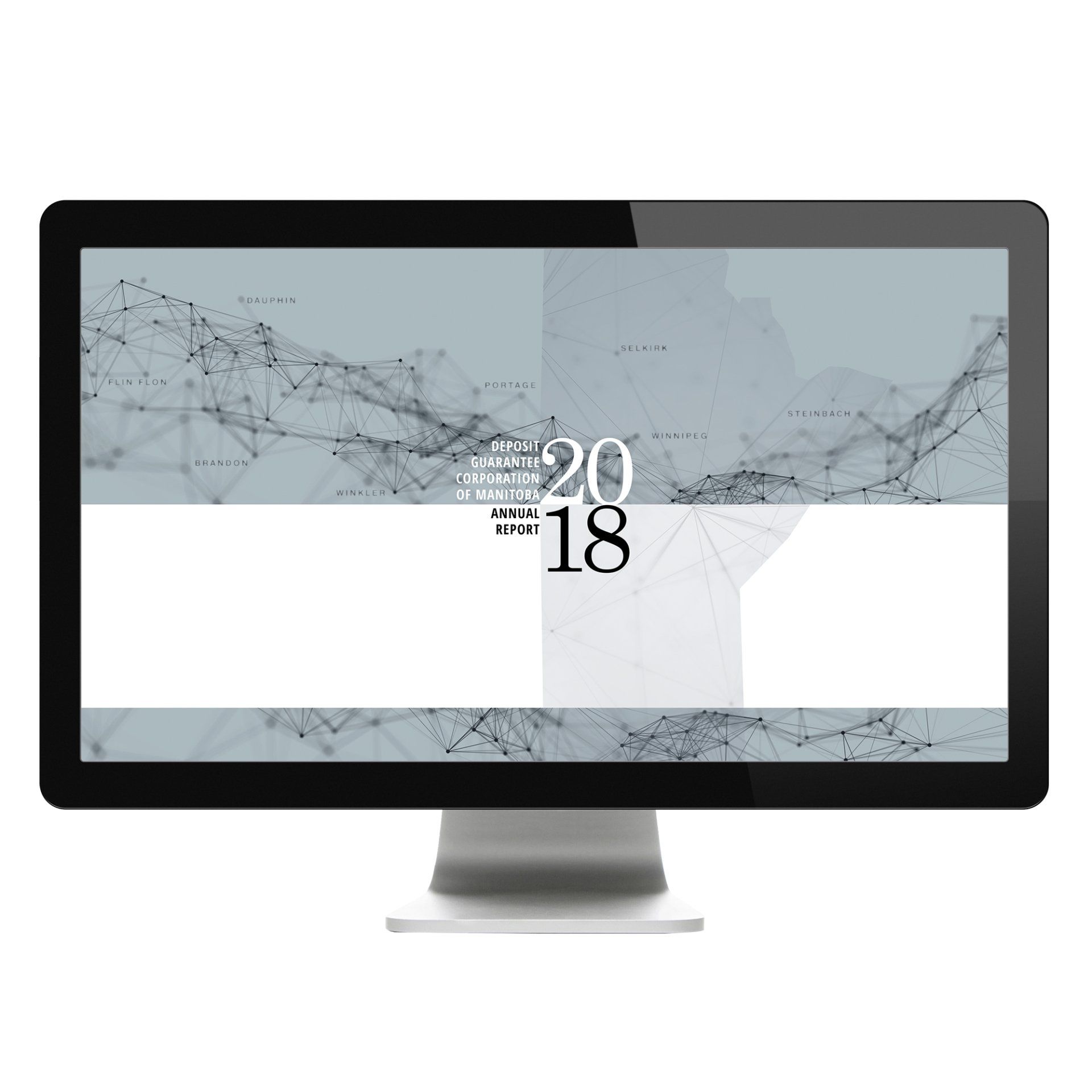 Desktop screen displaying a blue-gray abstract design with the number 