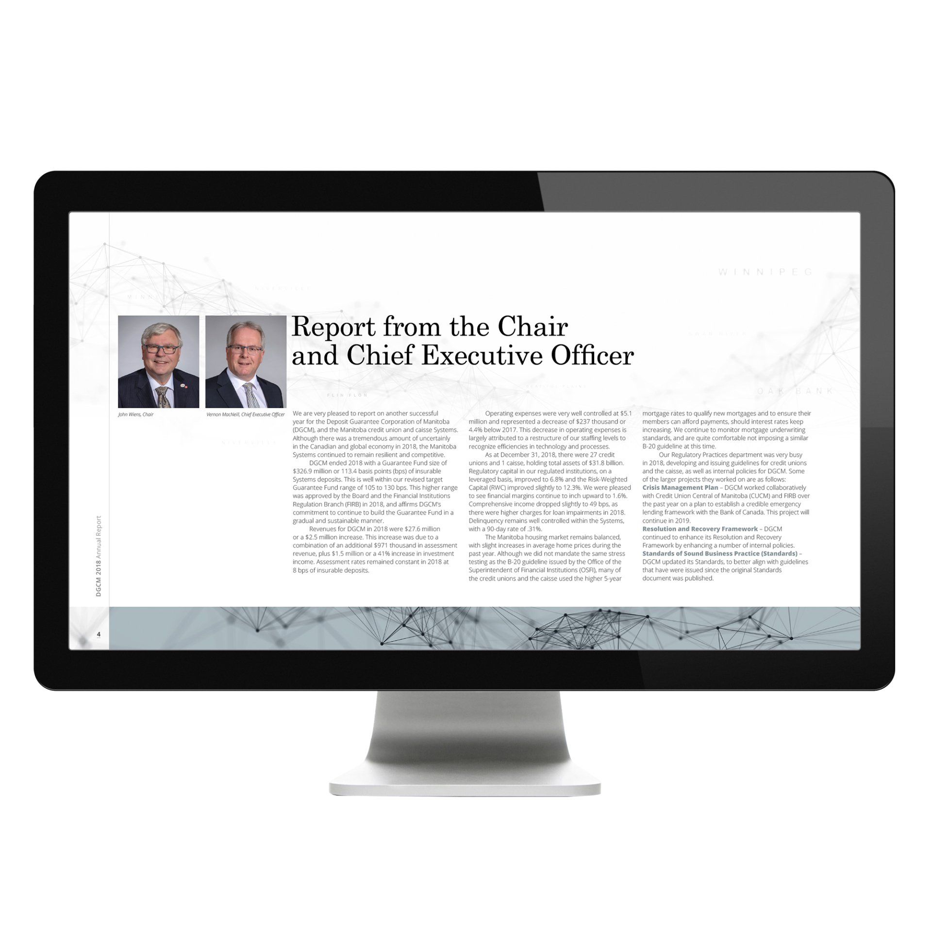 Computer screen displaying a report from the Chair and CEO, with photos of two men on the left.