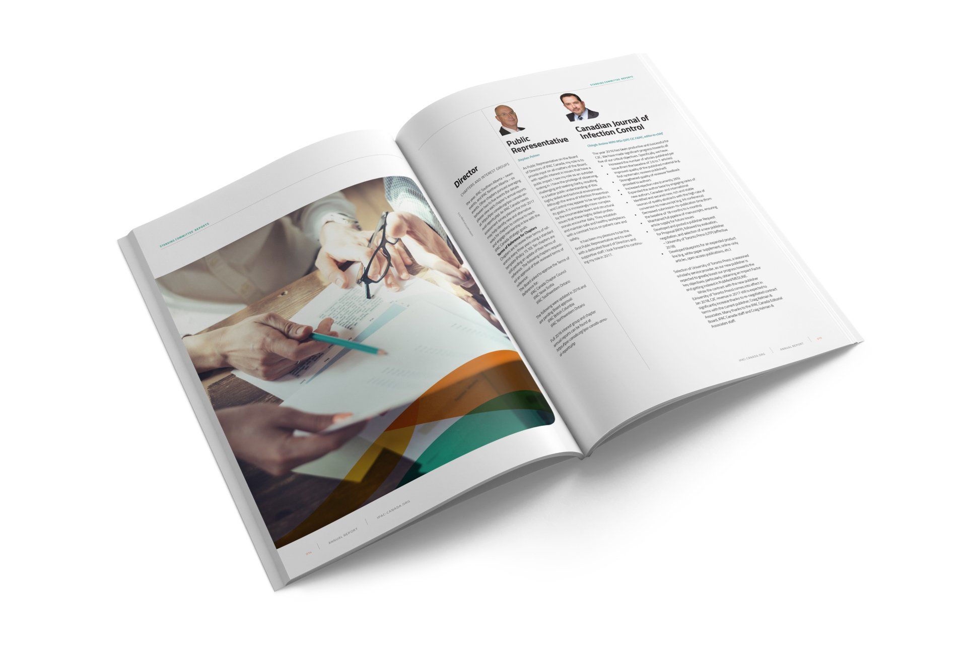 Open magazine; one page shows a person writing; facing page has text and headshots.