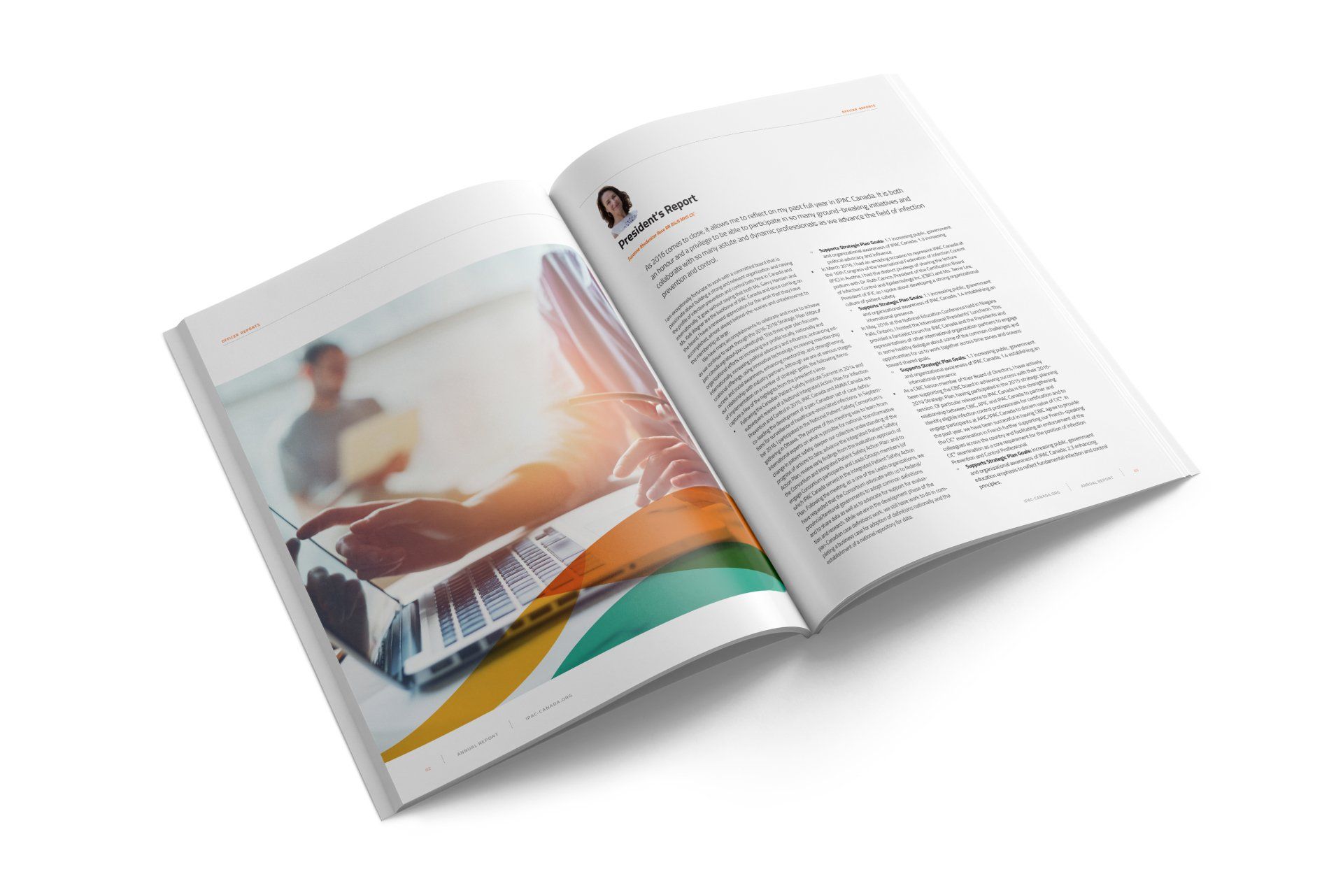 Open magazine with a blurred photo of a piano and person on the left page; right page has black text.