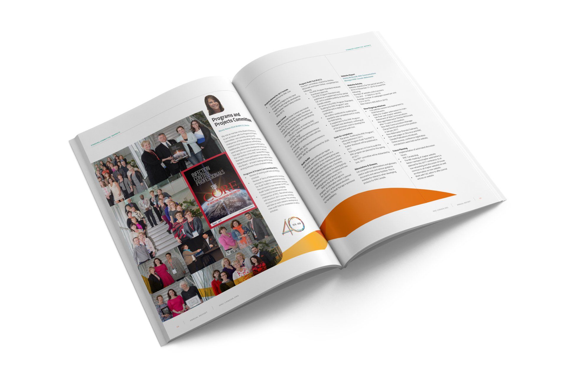 Magazine spread with photos of people and text on a white background, page 43 with orange and yellow accent.