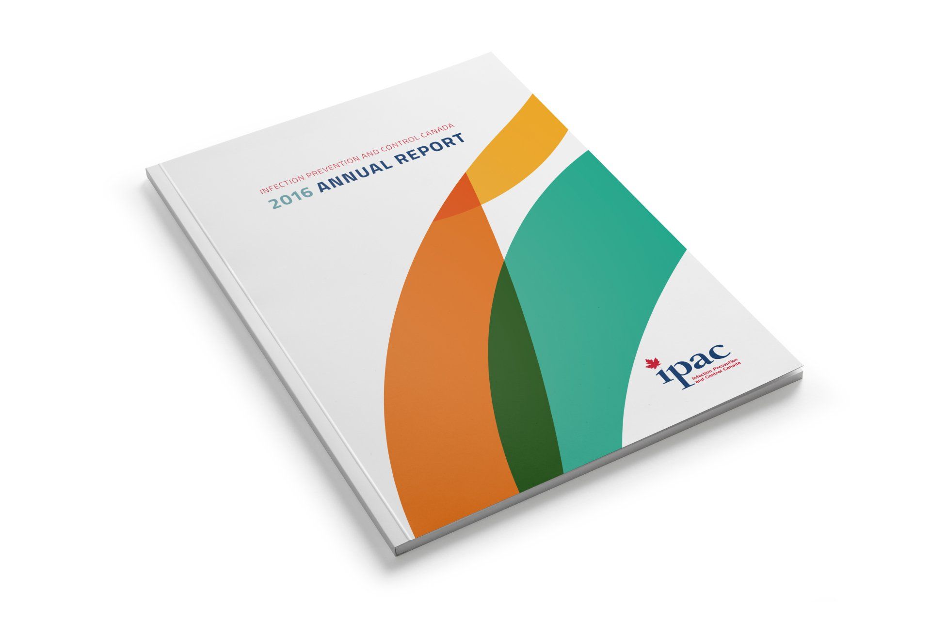 Annual report cover with orange, green, and blue abstract shapes; 