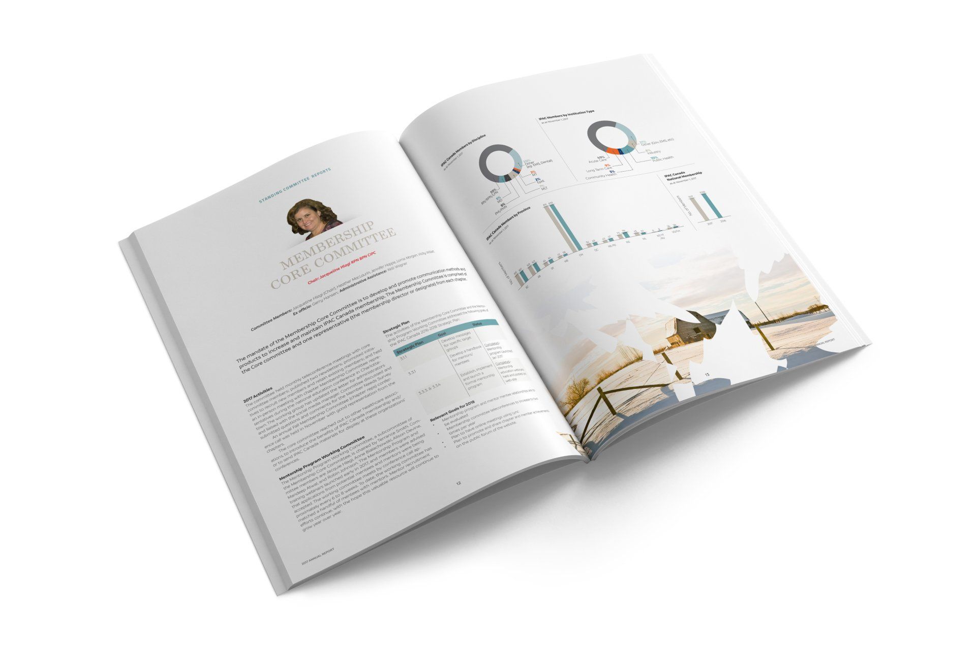 Open magazine with a biography and data visualizations on a white background.