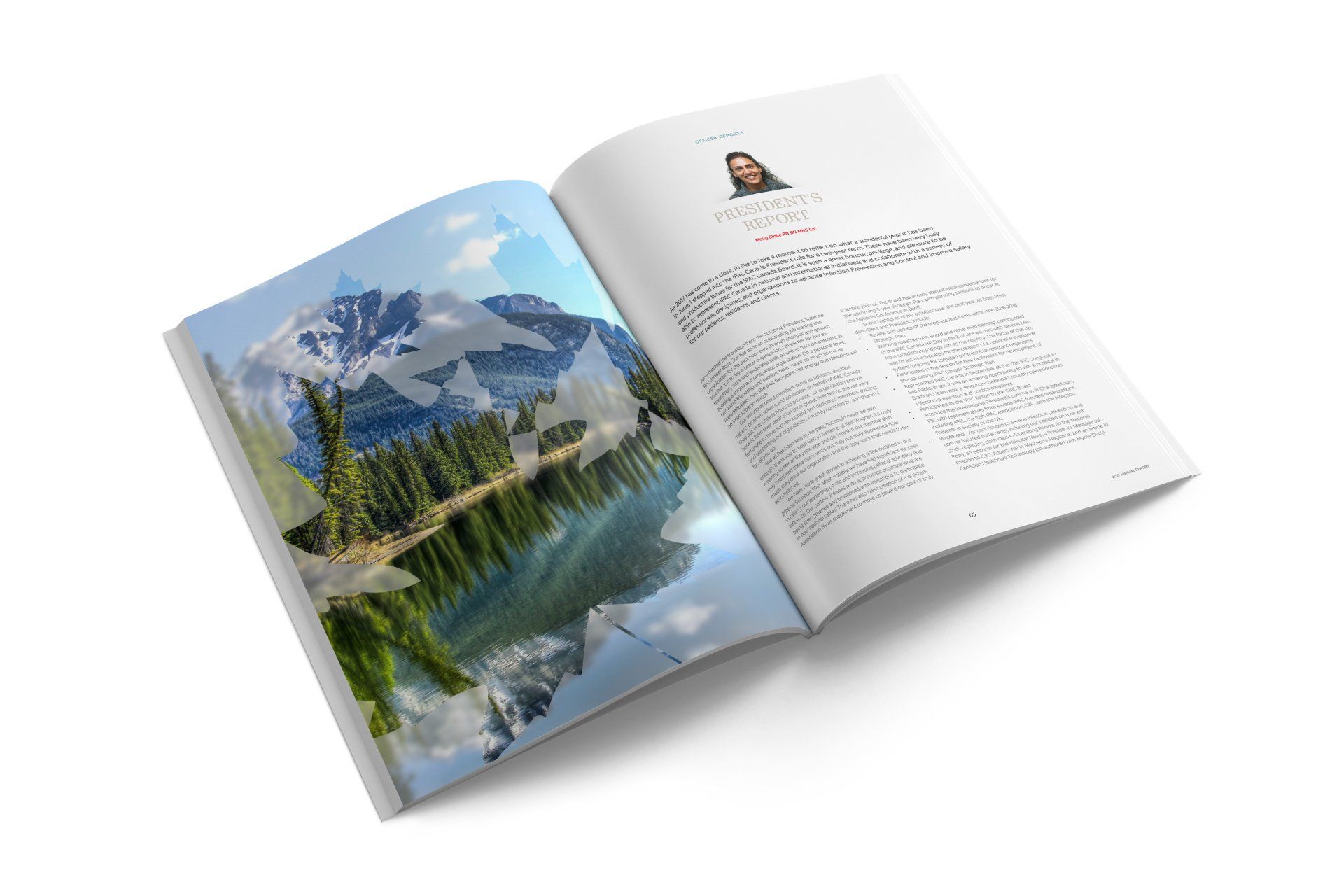 Open book with a mountain lake landscape on one page and text with a person's photo on the other.