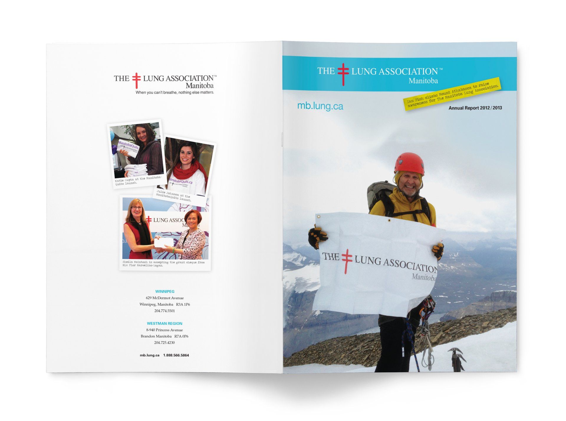 Two-page spread of The Lung Association magazine. Man on mountain holds sign. Photos of people on left.
