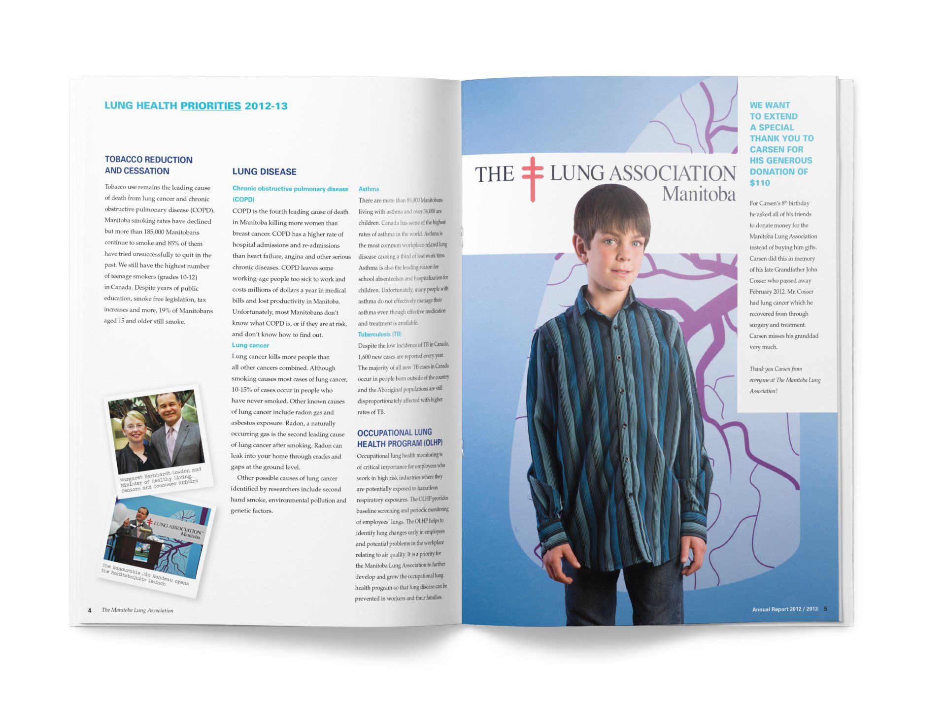 Spread of a magazine: Boy with logo, text about lung health, and photos.