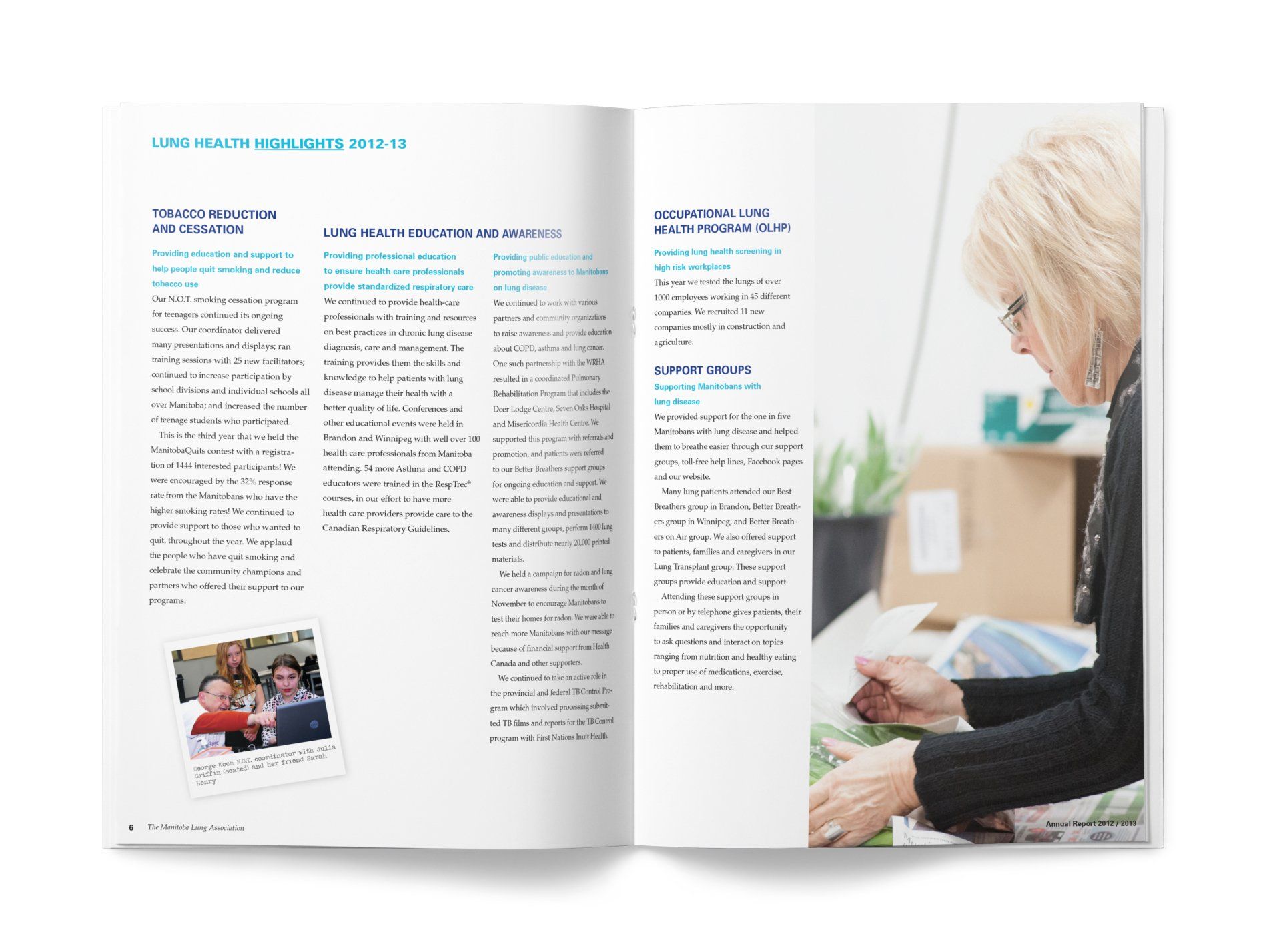 Spread with text and photo of woman packing a box.
