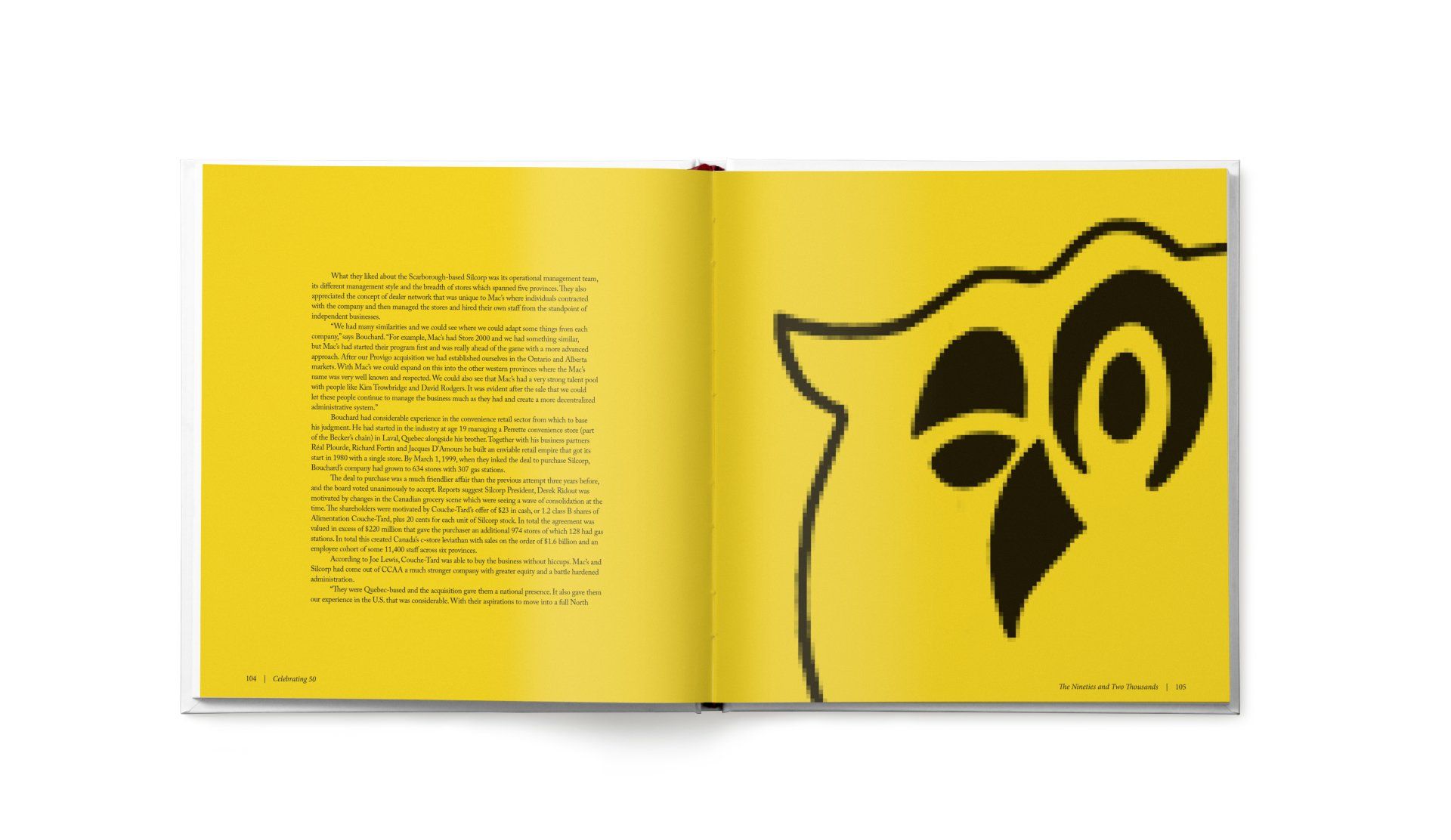 Open book with yellow pages. Text on left; owl graphic on right. Black ink on yellow.