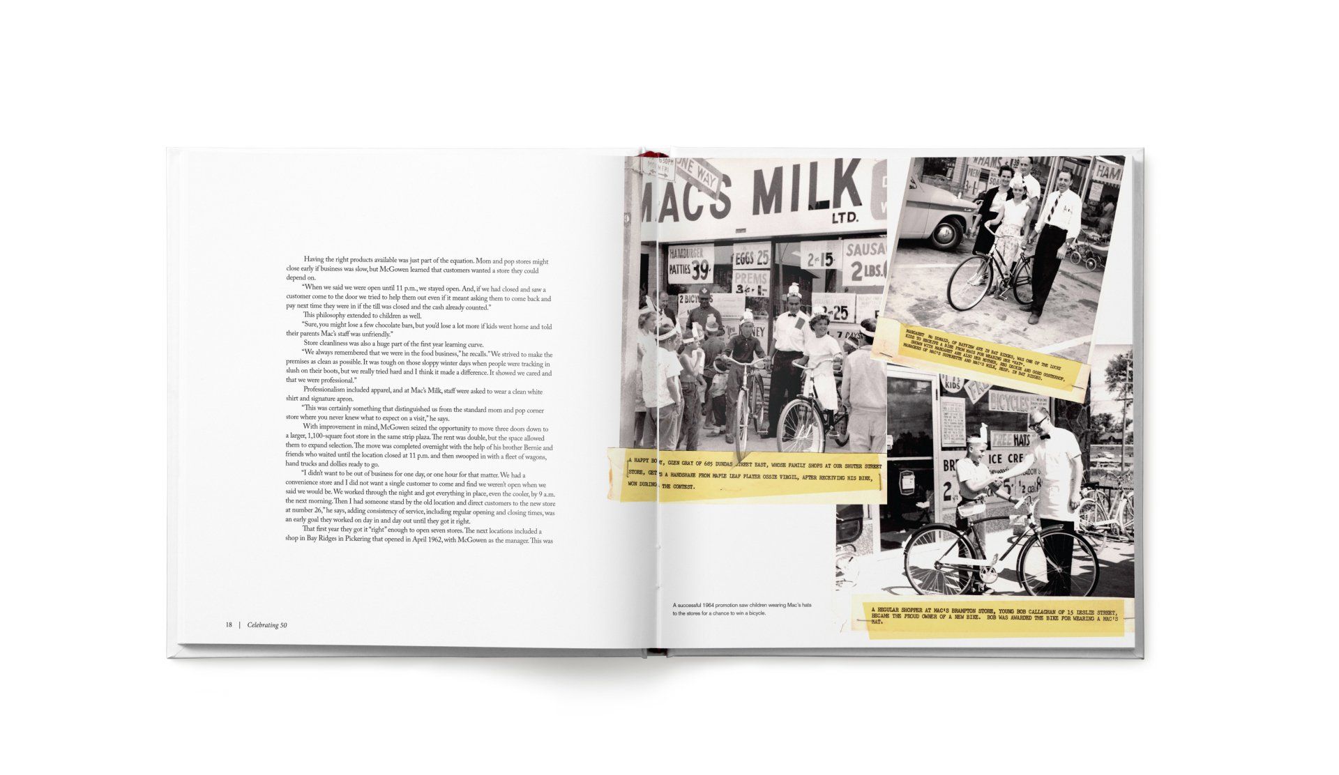Open book with text on the left, vintage black and white photos on the right with yellow captions, of a shop and cyclists.