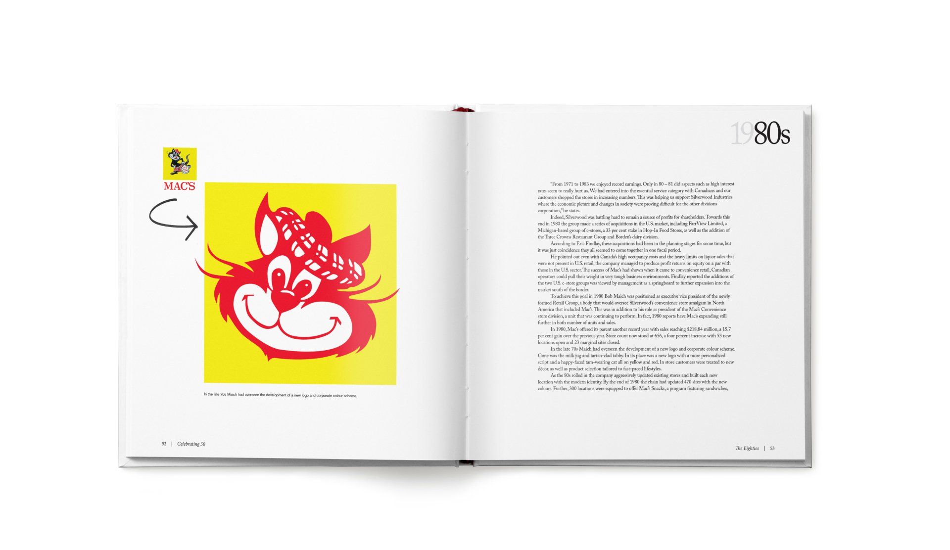 Open book spread with a yellow and red cat logo from the 80s and accompanying text.